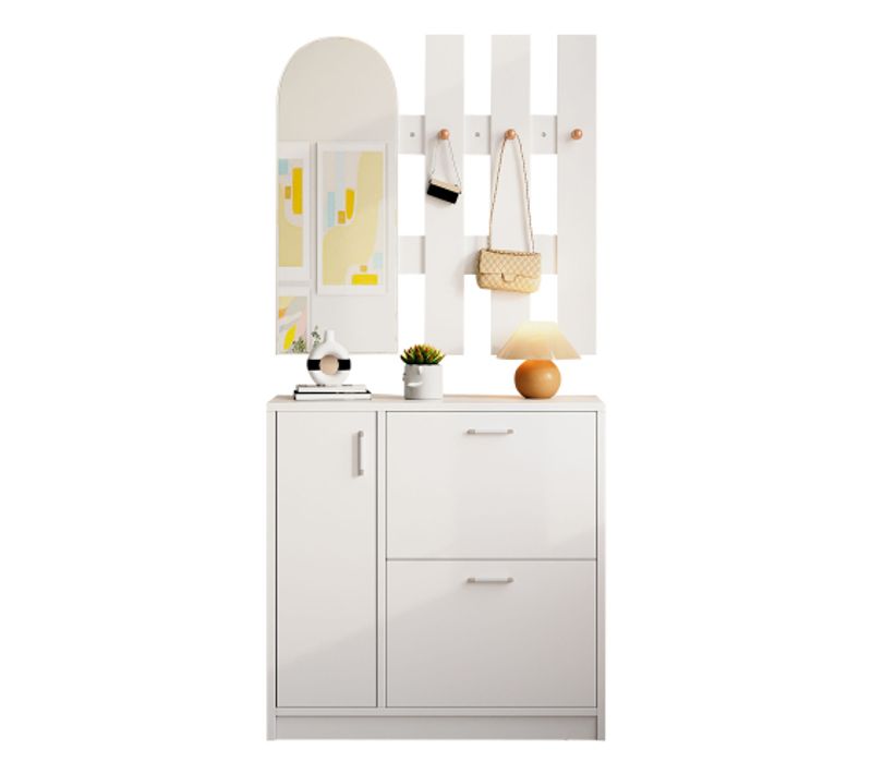 Vestiaire D’entrée Avec Porte Basculante, Miroir, Crochets Et Rangement à Chaussures, Blanc