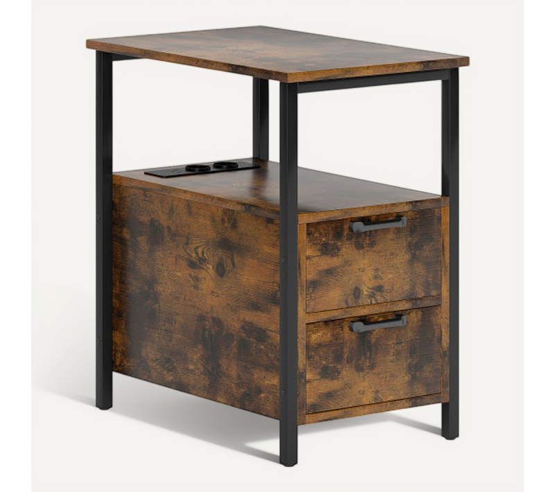 Table De Chevet Avec Station De Charge, 2 Tiroirs, étagère, En Bois Marron