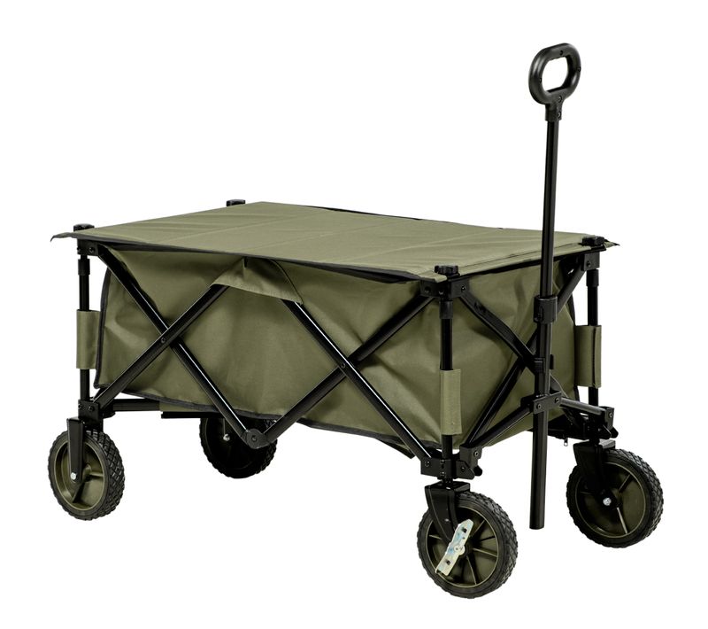 Chariot De Transport Pliable Vert Avec Tablette, Poignée Réglable, 4 Roues Freinées Et 5 Poches