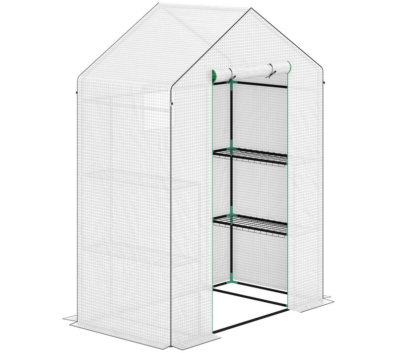 Serre De Jardin Tunnel 143x74x190 Cm Avec Porte Enroulable, Fenêtre Et Étagères, Blanche