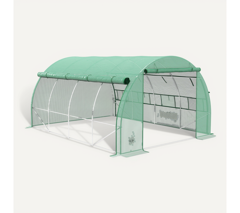 Serre Tunnel De Jardin 3,97x3x2 M Acier Galvanisé, 8 Fenêtres, Porte Zippée, Bâche Pe Anti-uv Verte