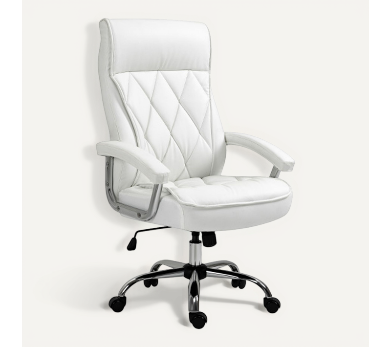 Chaise De Bureau Ergonomique En Simili, Réglable En Hauteur, Fonction Bascule, Blanc