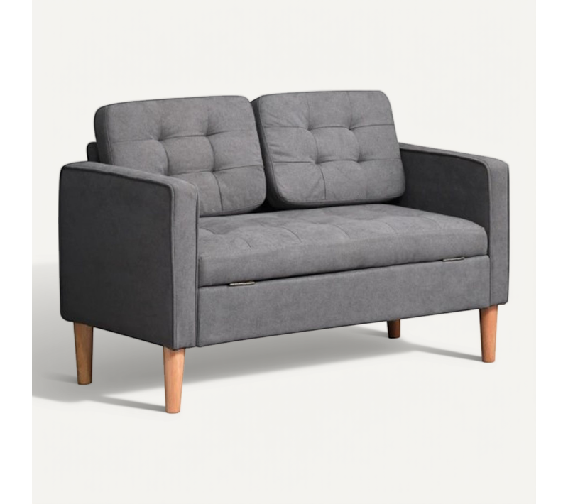 Canapé 2 Places Avec Rangement, Tissu Polyester, Pieds En Bois D'hévéa, Gris