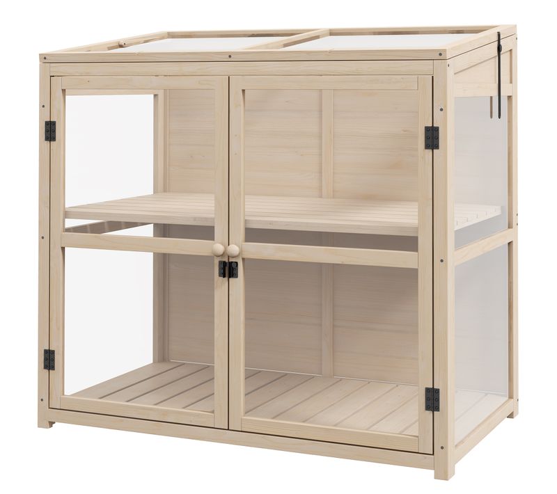Mini-serre De Jardin En Bois 2 Niveaux, Portes Doubles, Toit Ouvrant 103x61x103 Cm