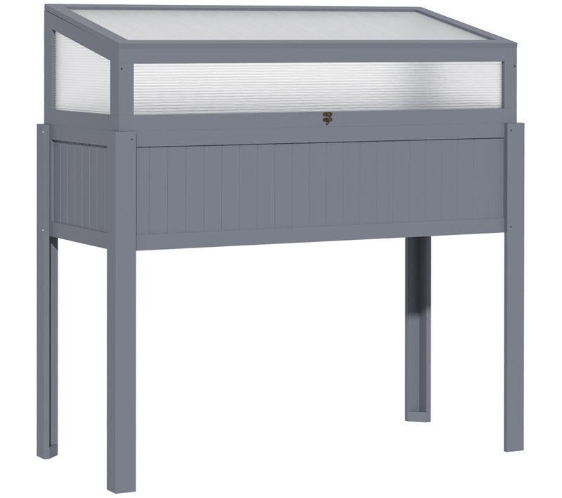 Carré Potager Surélevé 2-en-1 Avec Mini Serre, Bois De Sapin, Polycarbonate Gris 120x54x112/122 Cm