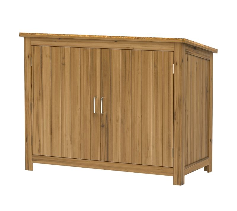 Armoire De Jardin En Bois Marron 110x50x85 Cm Avec Double Portes, Toit Incliné Et Étagères