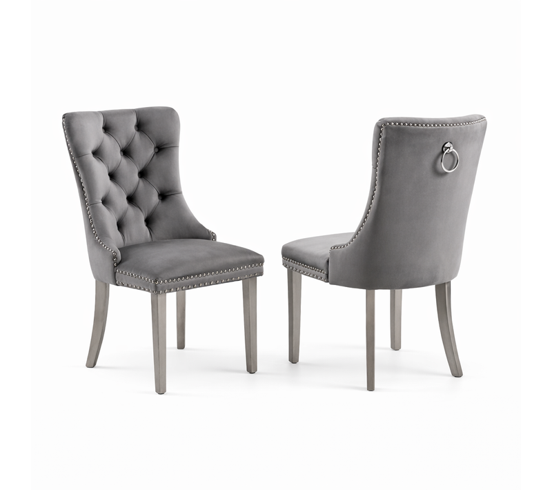 Lot De 2 Chaises De Salle à Manger En Velours, Dossier Haut Capitonné, Pieds Plaqués Chrome, Gris
