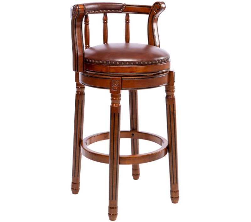 Tabouret De Bar Pivotant 360°, Assise Cuir De Vachette Rembourrée, Dossier Bois, Marron