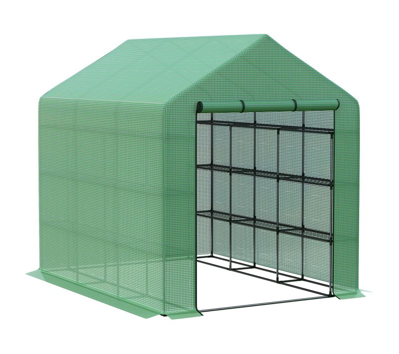 Serre De Jardin Avec Étagères 8 Niveaux, Porte Enroulable, Housse Pe, Cadre Acier, Verte