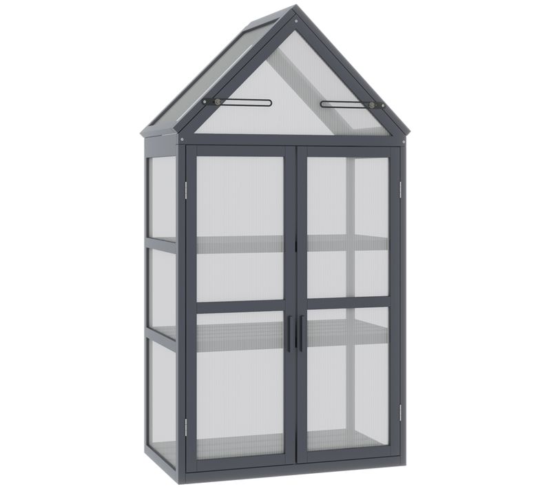 Mini Serre De Jardin 3 Niveaux En Bois Gris Avec Toit Ouvrant Et Doubles Portes 70,5x42x132 Cm