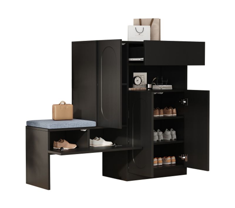 Meuble à Chaussures Avec Banc Intégré, Portes Bombées Sans Poignées, Noir