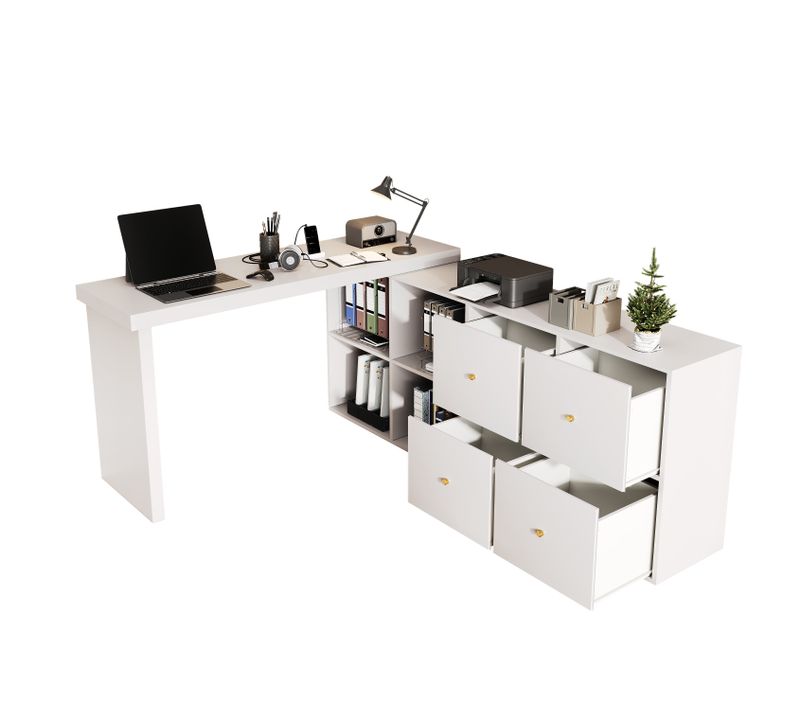 Bureau D'angle Pivotant 360° Avec Rangements Et 4 Tiroirs, Blanc