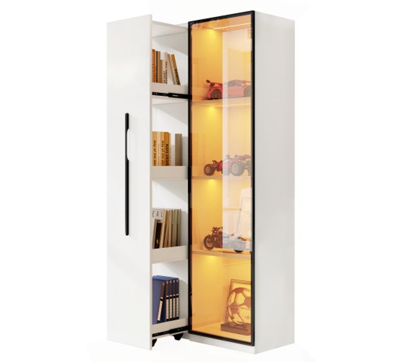 Vitrine Combinée, Bibliothèque Latérale Coulissante, LED Intégrées, Verre Trempé, Blanc