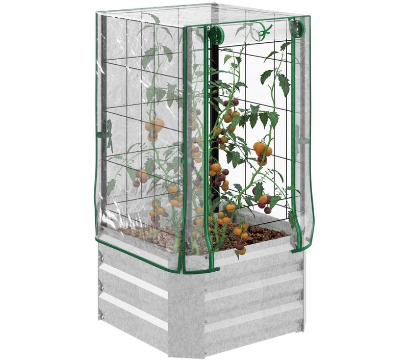 Carré Potager Surélevé 3-en-1 Avec Mini Serre Et Treillis 53x53x90 Cm, Acier Argent