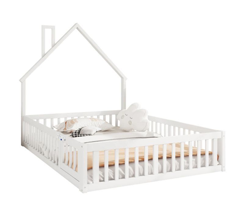 Lit Cabane Enfant 140x190 Cm En Forme De Cheminée, Avec Sommier à Lattes, En Bois, Blanc