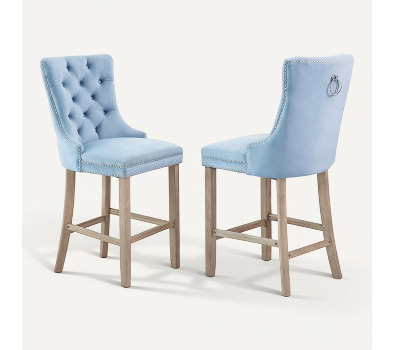 Lot De 2 Tabouret De Bar En Velours, Dossier Haut Capitonné, Pieds Bois, Bleu Clair