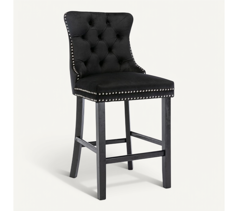 Tabouret De Bar Rembourré En Velours, Dossier Haut Capitonné, Pieds Bois, Noir