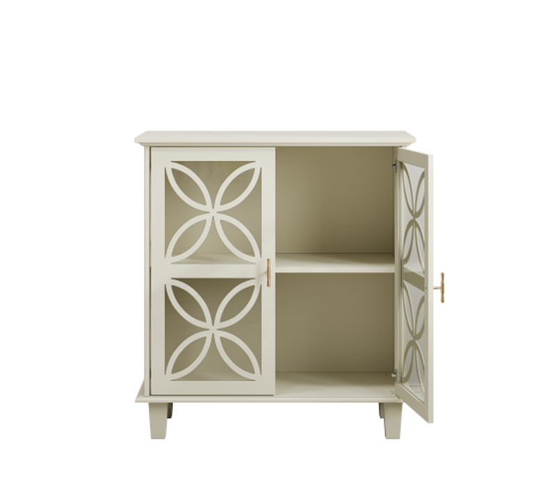 Buffet Blanc Cassé, Porte En Verre Trempé Décor Pétale, Pieds Bois Massif