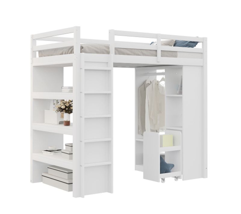 Lit Mezzanine 90x200 Cm Avec Lattes, Étagères Et 1 Chariot De Rangement Amovible, En Bois, Blanc