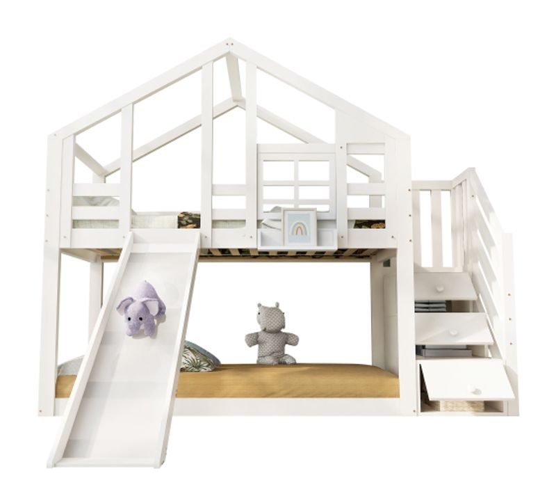 Lit Superposé 90x200 Cm, Lit Cabane Enfant, Avec Toboggan Et Rangements, En Bois, Blanc