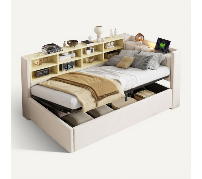 Lit Coffre 90x200 Cm Avec Tête De Lit Éclairée, Avec Ports USB Et Type-c, En Velours Beige