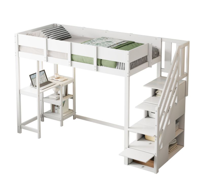 Lit Mezzanine 90x200 Cm, Lit Enfant Avec Rangement Et Étagère, Avec Lattes, En Bois, Blanc