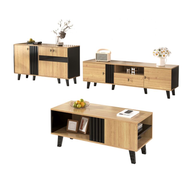 Ensemble De Meuble TV 170 Cm, Table Basse Et Buffet, Portes En Verre, LED, Noir Et Couleur Bois