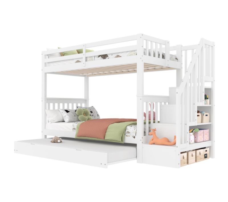 Lit Superposé 90x200 Cm, Avec Lit Gigogne Et Escalier De Rangement, En Bois, Blanc