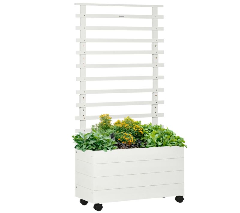 Jardinière Sur Roulettes Avec Treillis En Bois Blanc 76x30x155 Cm
