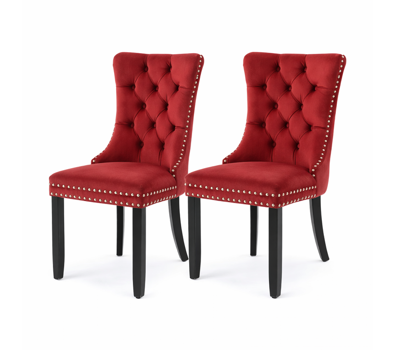 Lot De 2 Chaises De Salle à Manger En Velours Capitonné, Pieds En Bois Massif, Rouge Vin