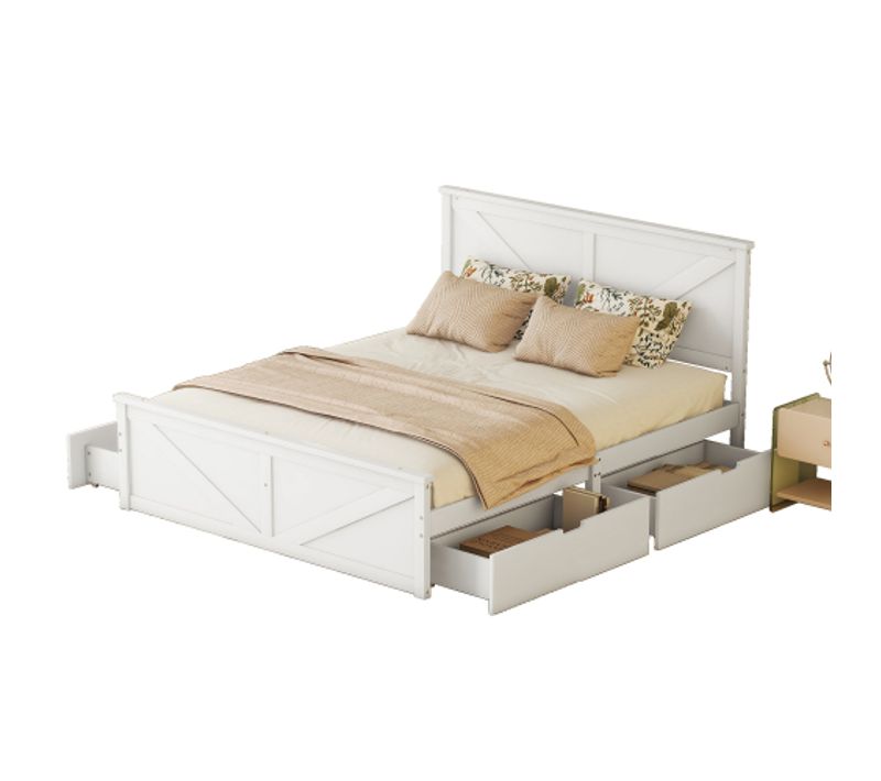 Lit Adulte 160x200 Cm Avec 4 Tiroirs Et Tête De Lit, Avec Lattes, En Bois, Blanc