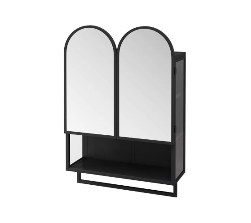 Armoire Murale Miroir Double Arche 60 Cm En Métal Noir Avec Étagère Et Porte-serviettes