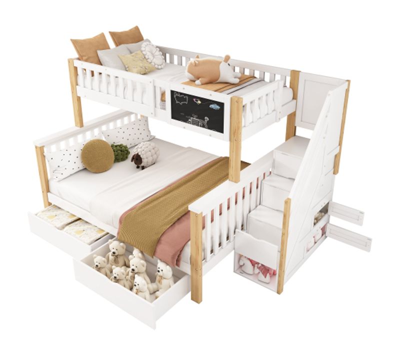 Lit Superposé 90x200 Et 140x200, Avec 2 Tiroirs Et Sommier à Lattes, En Bois, Blanc Et Chêne Clair