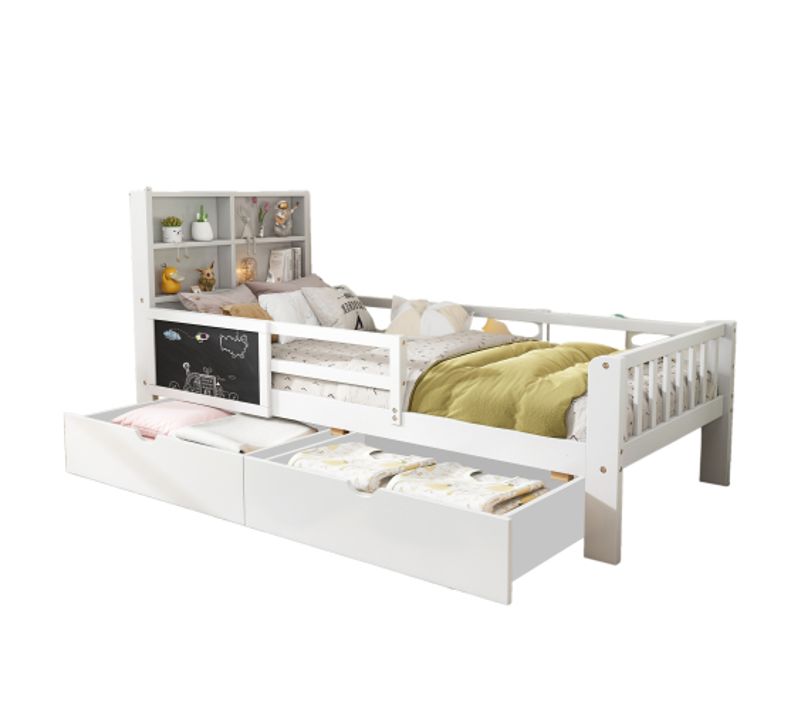 Lit Enfant 90x200 Cm, Tête De Lit De Rangement Et 2 Tiroirs, Avec Lattes, En Bois, Blanc