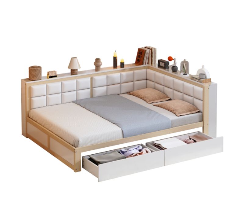 Lit Adulte 140x200 Cm, Coffre De Rangement Et Tête Large, Avec Lattes, En Bois, Bois Naturel