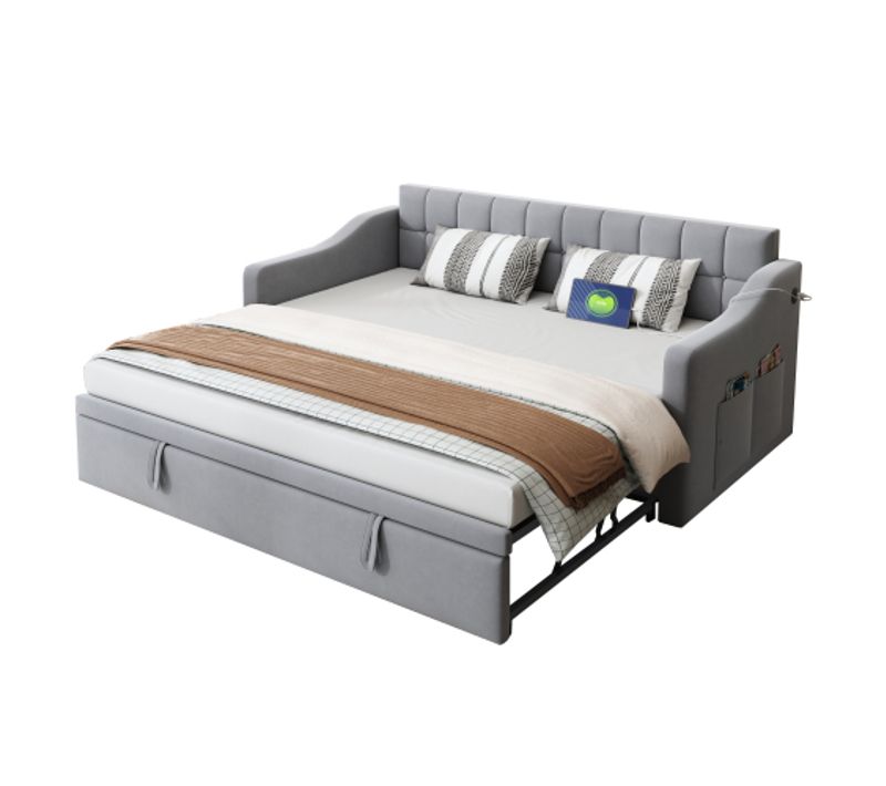 Lit Gigogne 90x190 Cm, Extensible, Avec Lattes, En Velours, Gris Clair