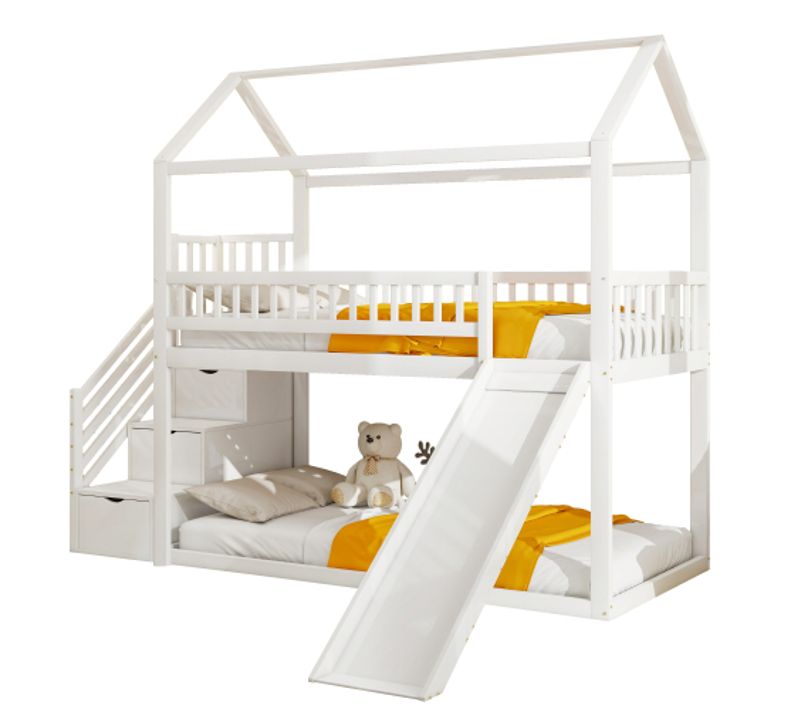 Lit Superposé Enfant 90x200 Cm, Avec Toboggan Et Sommier à Lattes, En Bois, Blanc