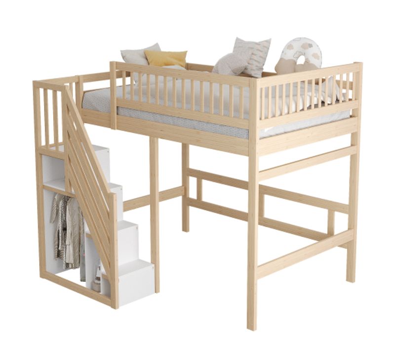Lit Mezzanine 140x200 Cm, Avec Escalier De Rangement, En Bois, Naturel