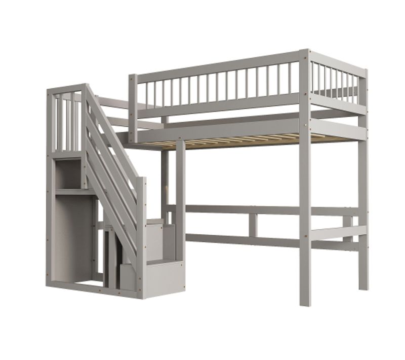 Lit Mezzanine 90x200 Cm, Avec Escalier De Rangement Et Sommier à Lattes, En Bois, Gris