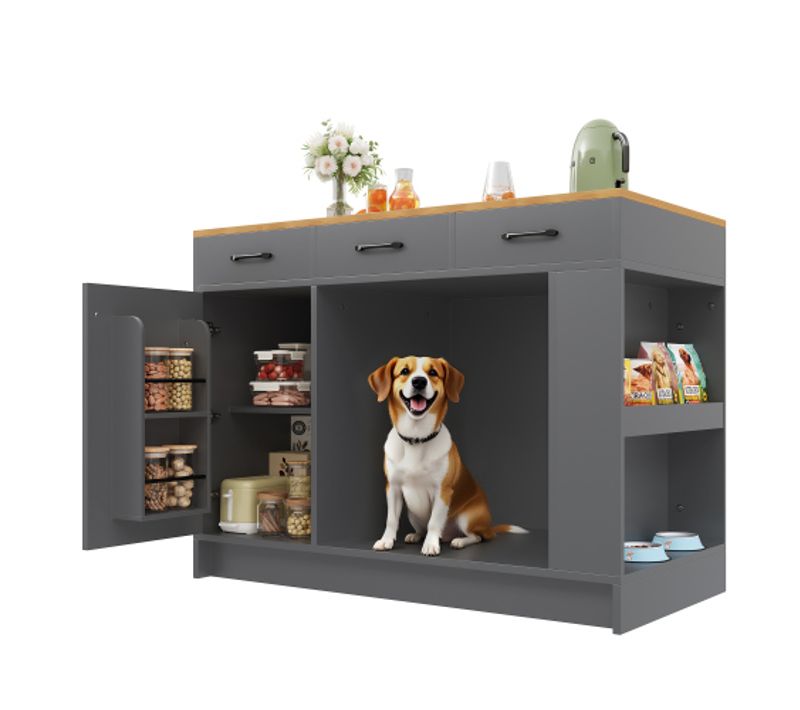 Desserte De Cuisine Avec 3 Tiroirs, 1 Étagère à Épices, Rangement Pour Animaux, Naturel Et Gris