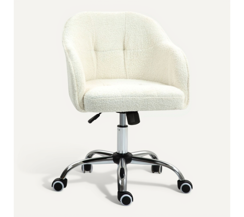 Chaise Dactylo Ergonomique Pivotante En Polyester Effet Teddy, Réglable En Hauteur, Blanc Crème