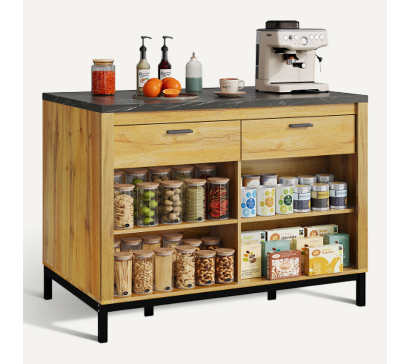 Buffet Noir Et Bois Avec Plateau à Motif Marbre, 2 Tiroirs, 4 Étagères, Piètement Métal