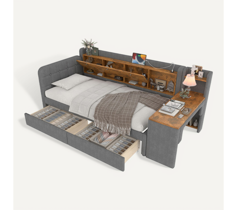Lit Enfant 90x200 Cm Avec 2 Tiroirs Et Bureau Modulable, Avec Lattes, En Lin, Gris