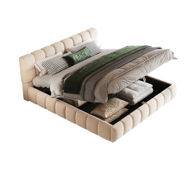 Lit Coffre 140x190 Cm, Avec Tête De Lit Capitonnée Et Sommier à Lattes, En Velours, Beige