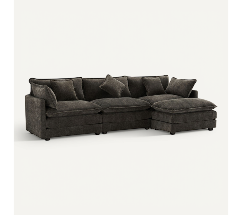 Canapé D'angle Convertible 3 Places En Chenille Gris Foncé Avec Pouf Modulable