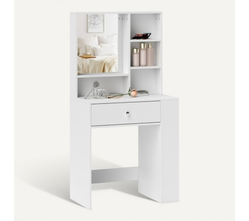 Coiffeuse Avec Miroir Et Tiroir, Étagère Latérale à 3 Niveaux, 70x40x137 Cm, Blanc