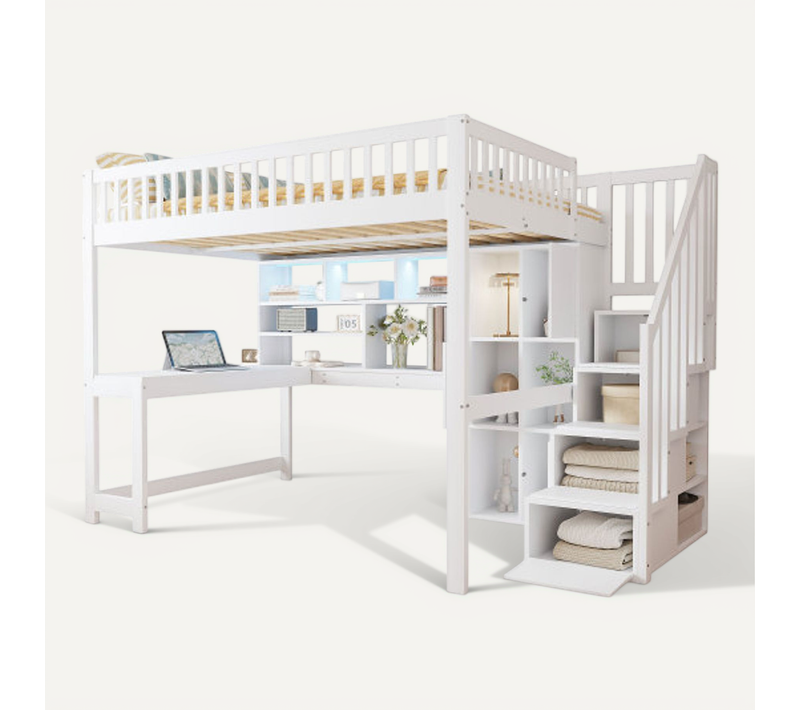 Lit Mezzanine 140x200 Cm Avec LED Et Bureau, En Bois, Blanc