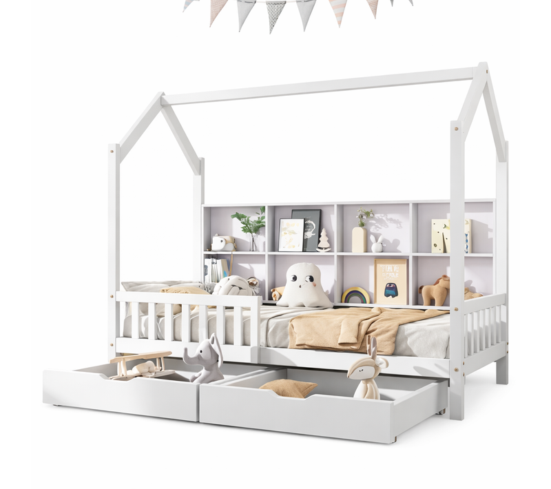Lit Cabane Enfant 90x200 Cm, Avec 2 Tiroirs Et Étagère, Forme Maison, En Bois, Blanc