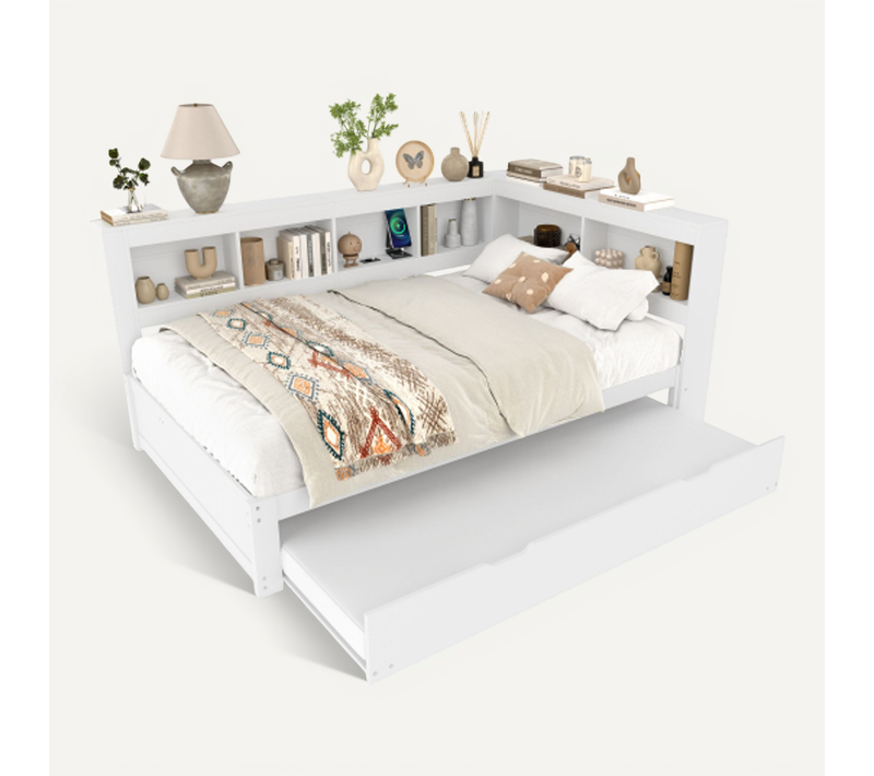 Lit Adulte 140x200 Cm Avec Lit Gigogne 90x190 Cm, Avec Prises Et Lattes, En Bois, Blanc