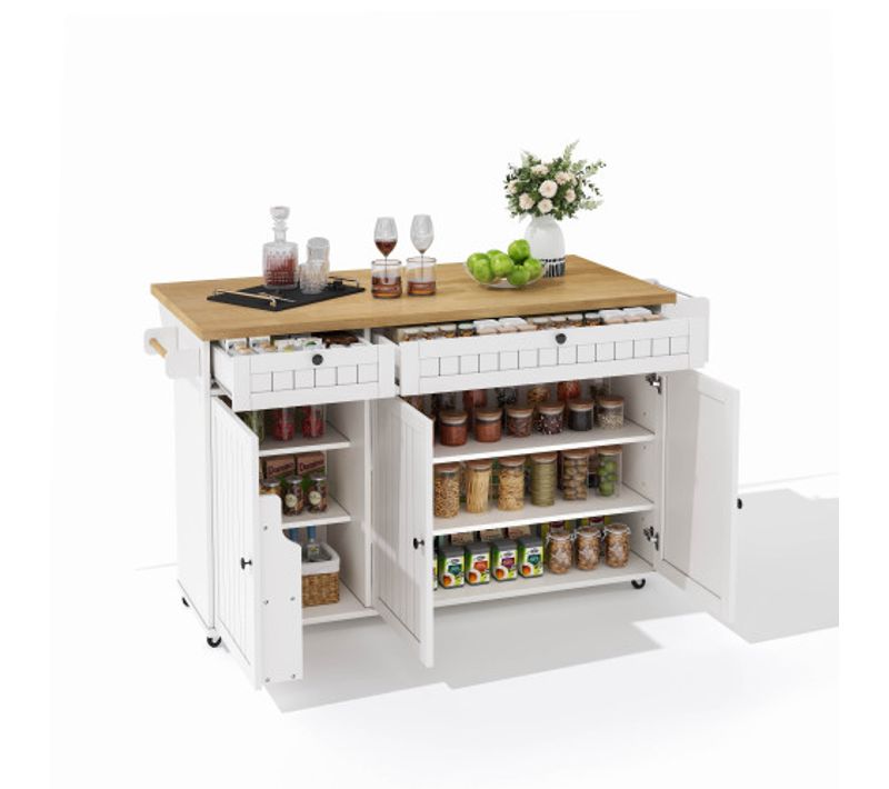 Desserte De Cuisine à Roulettes Avec Plateau Rabattable, Tiroirs, En Mdf, Naturel-blanc